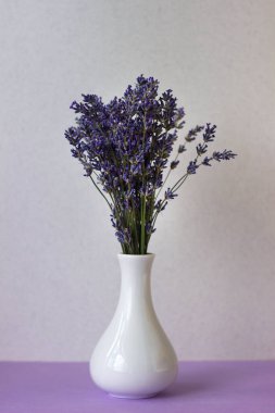 Bir demet yaz lavanta çiçeği beyaz bir vazoda duruyor leylak bir masada ve beyaz bir duvara karşı.