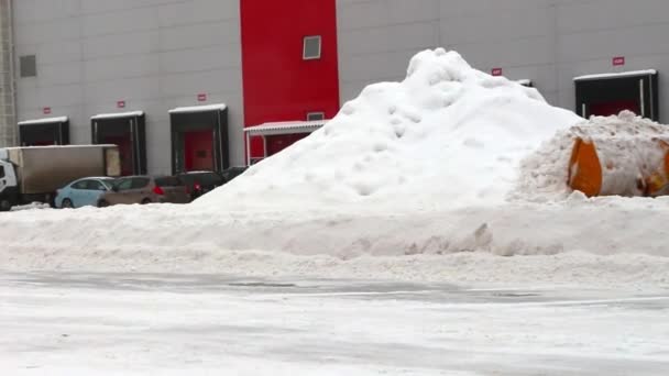 拖拉机清理仓库领土上的雪 — 图库视频影像