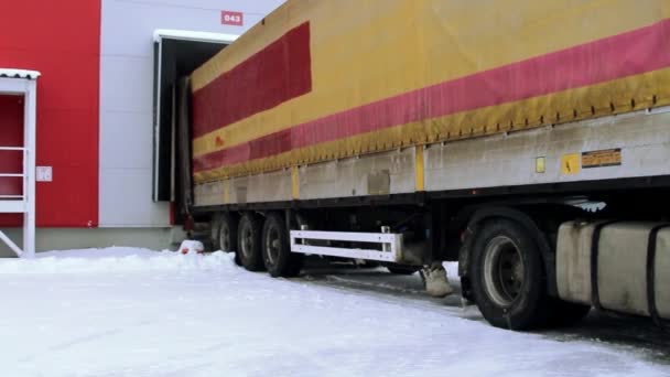 Разгрузка груза с грузовика на склад — стоковое видео