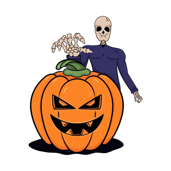 Evil Pumpkin Smile His Face Skeleton Background Outstretched Hand Vector — Stock Vector