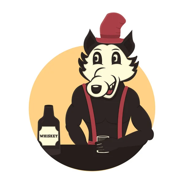 Lobo Feliz Bebe Whisky Carácter Lobo Diseño Retro — Vector de stock