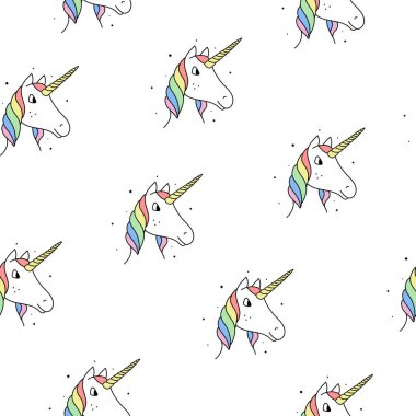 Gökkuşağı tekboynuzlarının kusursuz deseni beyaz arka planda modern bir tarzda..