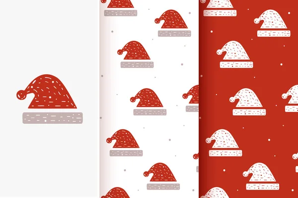 Conjunto Patrones Sin Costuras Sombrero Navidad Estilo Plano Colección Tarjetas — Vector de stock