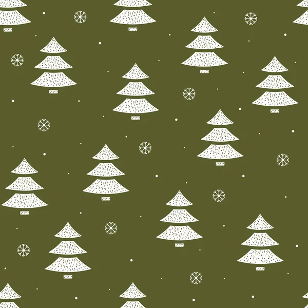 Naadloos Patroon Van Kerstbomen Sneeuwvlokken Vlakke Stijl Een Groene Achtergrond — Stockvector
