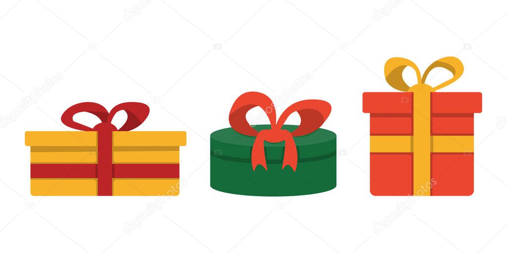 Gift boxes with bows cartoon illustration isolated on white background. Christmas gift wrapping decorations.