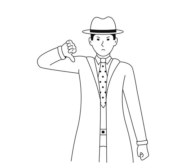 A detective or undercover agent makes a gesture of displeasure. Vector illustration of a man showing thumb down. The guy feels negative emotions.