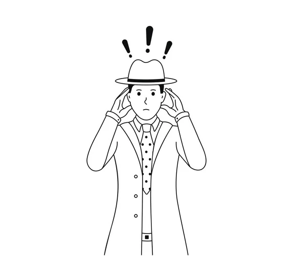 Triste Detective Sostiene Cabeza Hombre Vestido Con Traje Sombrero Ilustración — Vector de stock