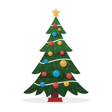 Madalyalı Noel ağacı. Mutlu Noeller ve mutlu yıllar beyaz arka planda izole edilmiş düz vektör çizimi.