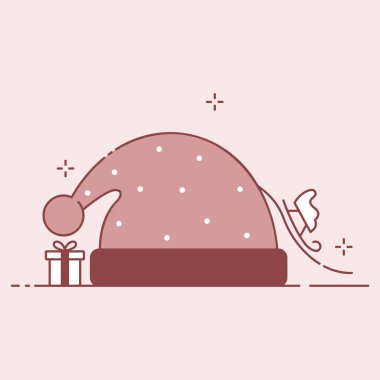 Kış şapkası, kızak ve hediye kış festivali kompozisyonu. Noel ya da yeni yıl düz çizimi.