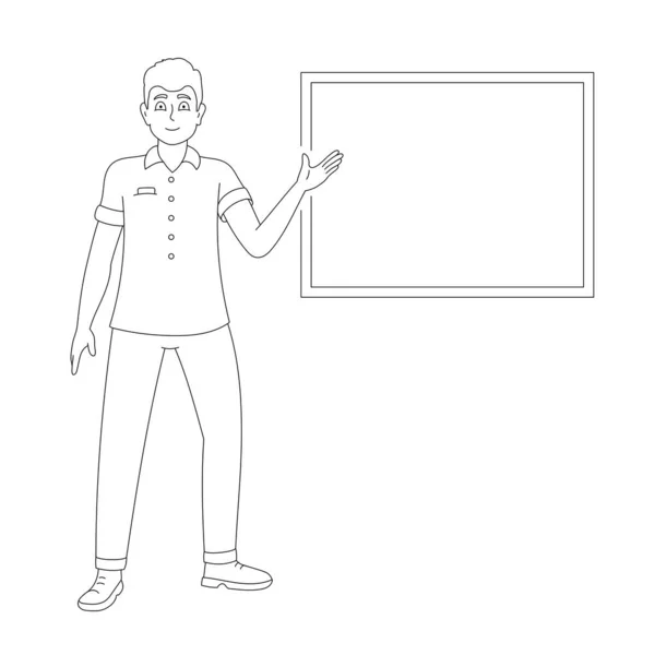 Guy Zeigt Mit Der Hand Auf Ein Leeres Whiteboard Ein — Stockvektor