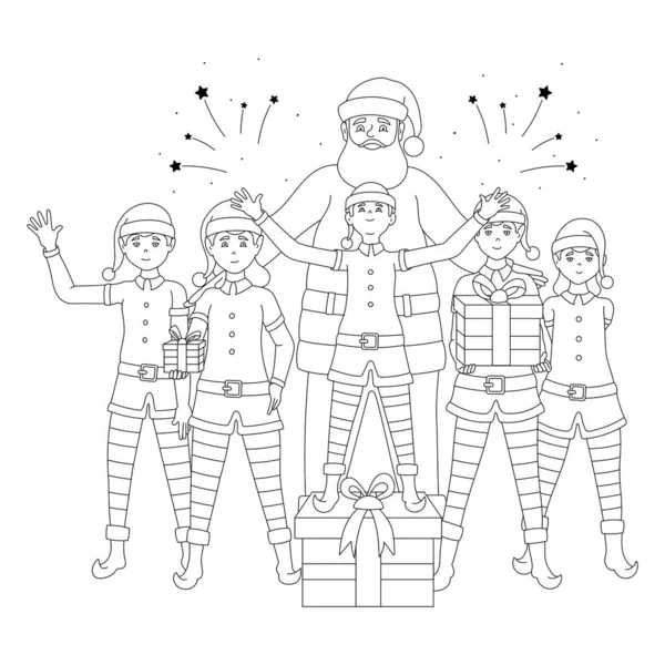 Weihnachtsmann Und Elfen Mit Geschenken Vektor Illustration Frohe Weihnachten Und — Stockvektor