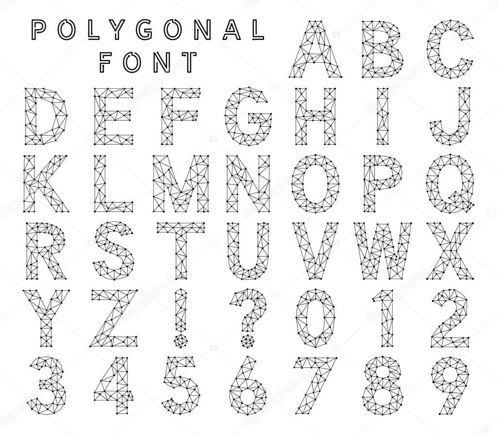 Polygonal font made from lines and dots. Low poly alphabet letters and numbers
