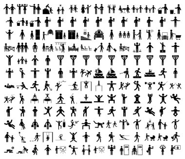 Yaşam tarzı teması üzerine bir dizi çöp adam, çeşitli yaşam koşulları olan insanlar. Farklı pozlar ve hareketler veren bir grup insan..