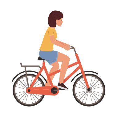 Genç bir kadın beyaz arka planda izole edilmiş bisiklet vektör çizimi sürüyor.