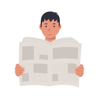 Beyaz arka planda izole edilmiş bir gazete vektörü illüstrasyonu okuyan genç adam.