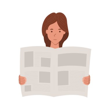 Beyaz arka planda izole edilmiş gazete vektörü illüstrasyonu okuyan genç bir kadın