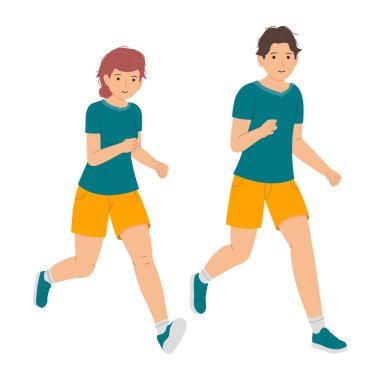 Genç bir adam ve kadın birlikte koşuyor, genç bir çift vektör çizimi yapıyor.