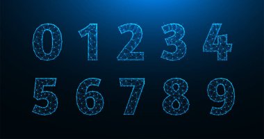 0 'dan 9' a kadar olan sayıların çokgen vektör çizimi. Çizgiler ve noktalardan oluşan bir sayı dizisi.