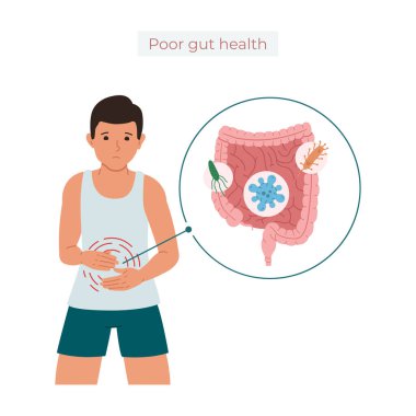 Vector illustration of a guy suffering from abdominal pain, the concept of poisoning or diarrhea caused by microorganisms clipart