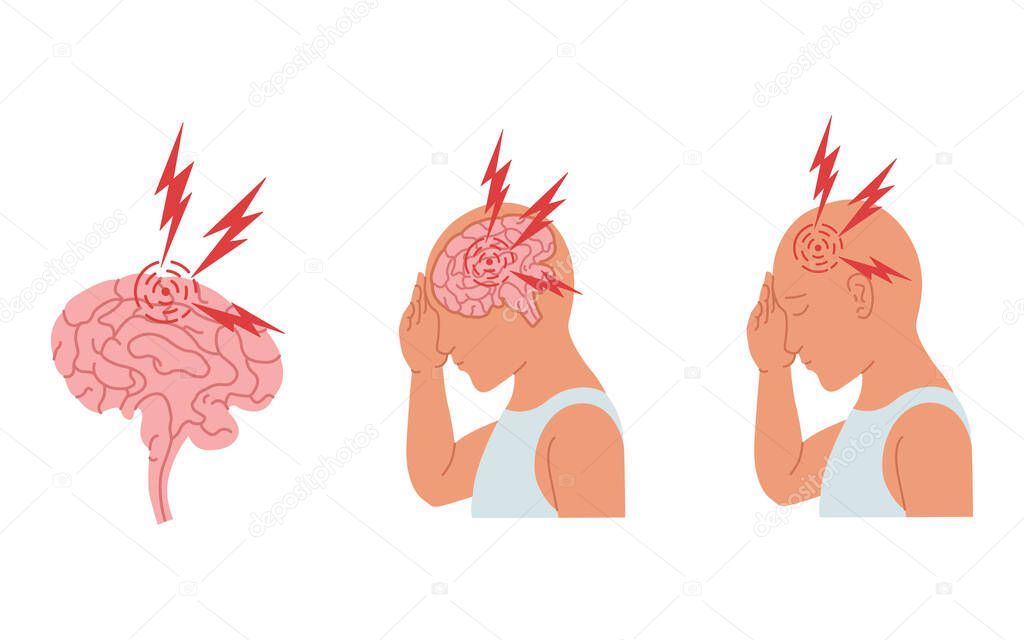 Vector illustration of a person experiencing headache and inflammation of the human brain.