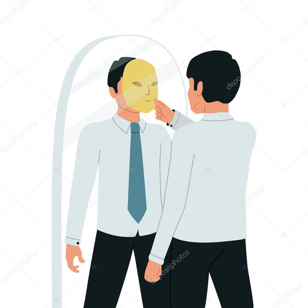 Imposter Syndrome. A businessman looks in the mirror and takes off his imposter mask. Vector illustration.