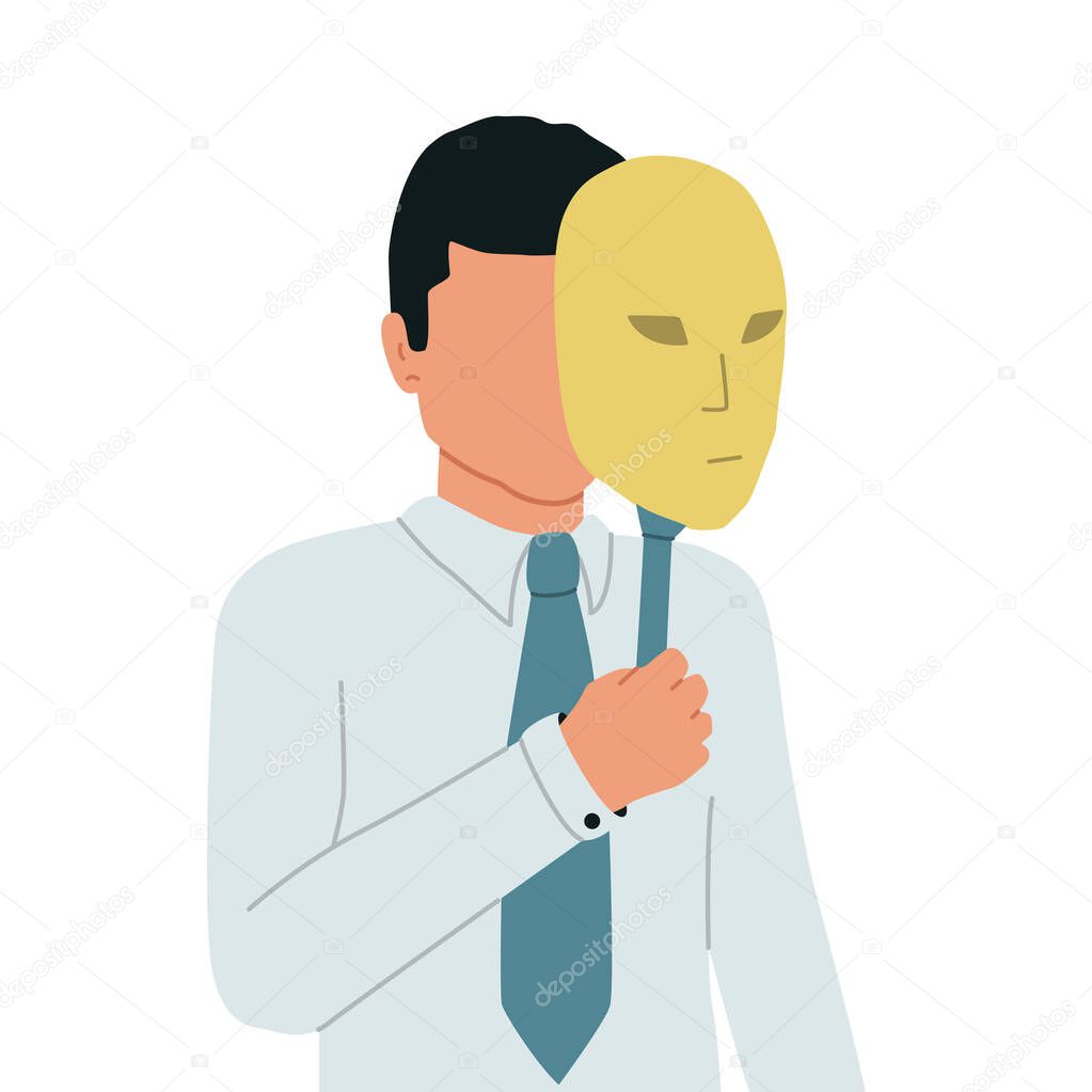 Imposter Syndrome. The businessman hides his face under a theatrical mask. The man hides his identity. Vector illustration.