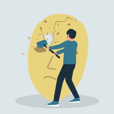 Elinde çekiçle tiyatro maskesini kıran bir adamın vektör çizimi. Taklitçi sendromundan kurtulma konsepti.