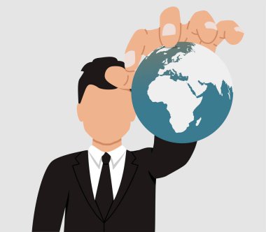 Dünya hakimiyeti kavramı. Bir iş adamı Dünya 'yı ellerinde tutuyor. Meçhul adam dünya nüfusunu kontrol ediyor..