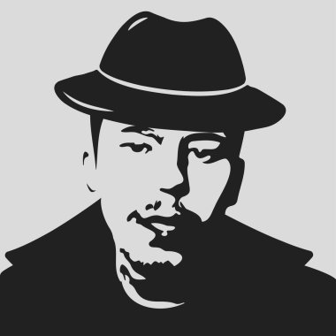 Bir dedektifin siluet portresi. Şapkalı bir adamın vektör çizimi.