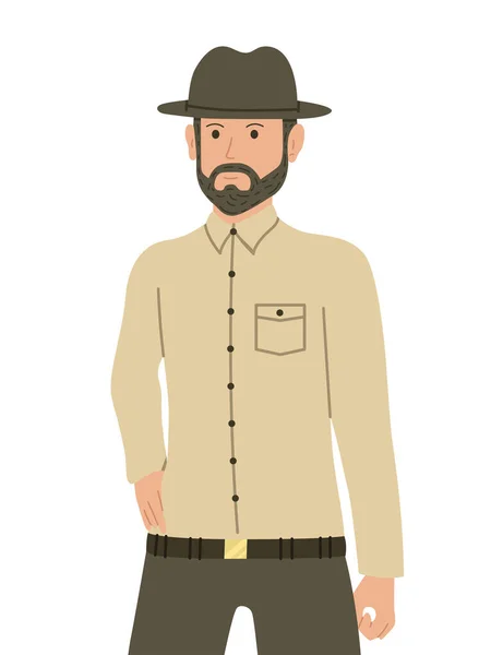 迷人的戴帽子的蓄着胡子的男人 西方男子或护林员 平面风格的字符 — 图库矢量图片