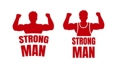 Beyaz arka planda Strongman logoları. Pazılarını gösteren bir adamın vektör çizimi..