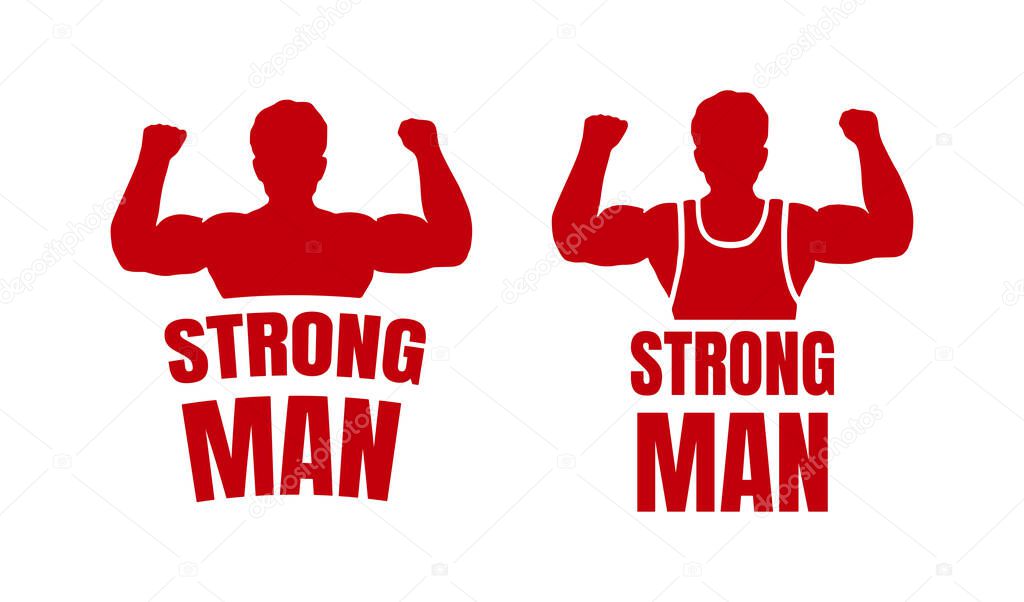 Strongman logos on white background. Vector illustration of a man showing off his biceps.
