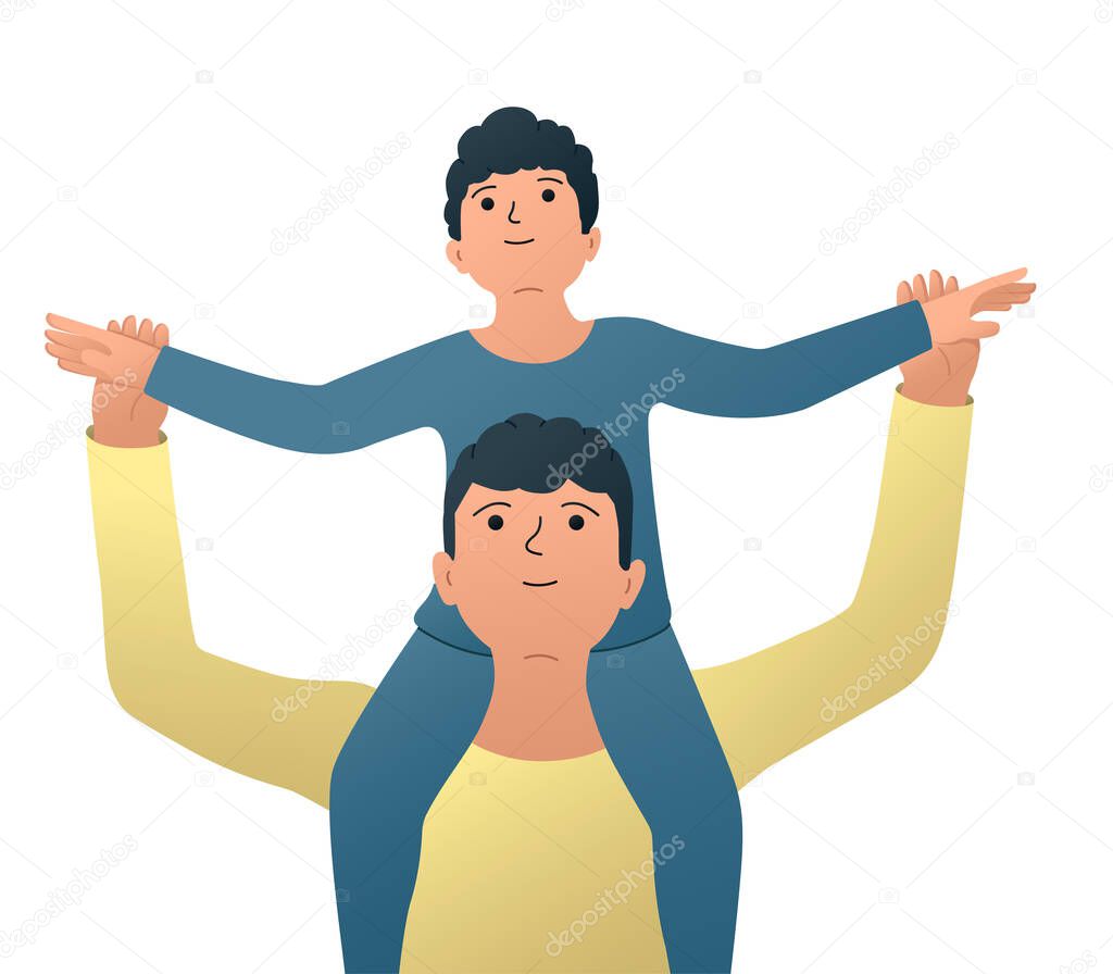 Vector illustration of father and son, little son sitting on dad's shoulders, happy fatherhood moments.