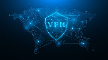 Sanal özel ağın çokgen vektör illüstrasyonu, VPN ve dünya haritalı kalkan, dünya çapında kullanıcı verilerinin korunması kavramı.