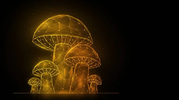 Ilustración Vectorial Poligonal Hongos Sobre Fondo Negro Mushroom Glade Bajo — Vector de stock