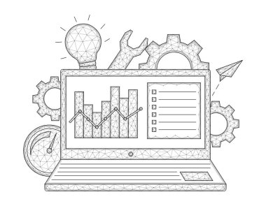 SEO, search engine optimization low poly design. Polygonal vector illustration of a laptop and data graphic, as well as a light bulb, speedometer and gears and a wrench.