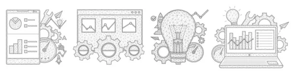 搜索引擎优化低的Seo多头设计 智能手机 笔记本电脑 浏览器选项卡 速度计 统计数据 多边形矢量图解 — 图库矢量图片