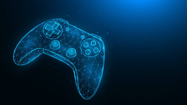 Joystick для видеоигр низкопольный дизайн. Многоугольная иллюстрация игрового контроллера на темно-синем фоне.