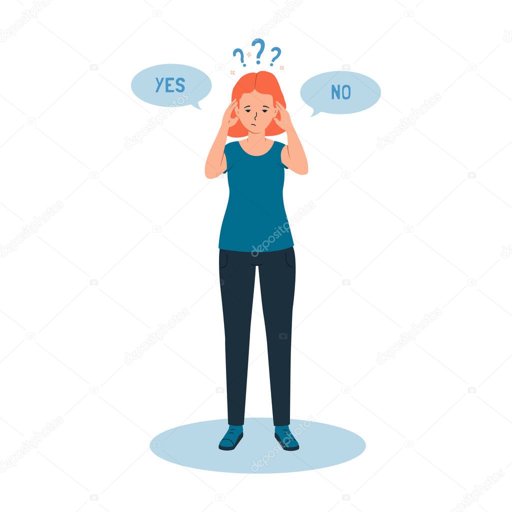 The girl feels a sense of doubt, it is difficult for her to make the right choice, yes or no. The concept of cognitive dissonance. Vector illustration of character and question marks.