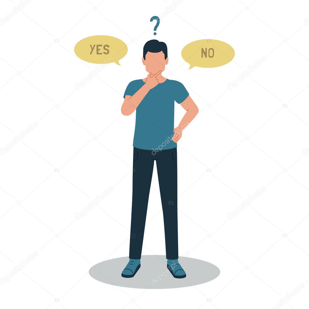 The man chooses either yes or no. Vector illustration of a guy with question marks.