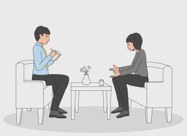 Psikoterapi konsepti. Psikoterapiste giden bir kadın. Üzgün ve hayal kırıklığına uğramış bir kız sorunlarını bir psikoterapiste anlatıyor. Vektör illüstrasyonu.