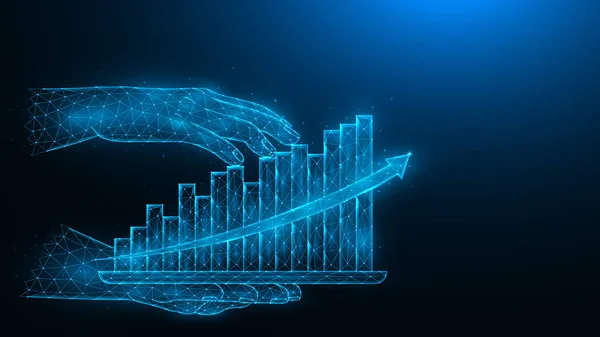 Büyüme grafiğinin hologramı olan bir tableti yukarı doğru ok ile tutan bir elin çokgen vektörel çizimi, bir işadamının satış artışını ve kârın finansal analizini gösteriyor. Büyüyen çubuk çizelgesi