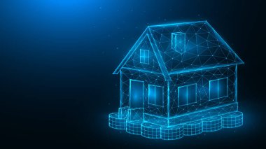 Ev yatırımı konsepti. Koyu mavi arka plandaki bozuk paraların üzerinde duran bir evin çokgen vektör çizimi. Ev afişi ya da şablonu alınıyor ya da satılıyor.
