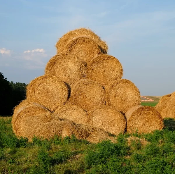 Yellow straw bale pyramid on a background of blue sky — Stock Photo, Image