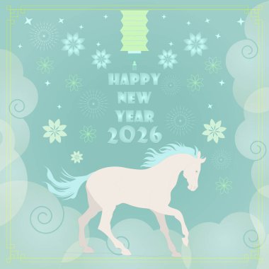 Yeni yılınız kutlu olsun. Yeşil arka planda beyaz at, fener ve çiçek taşıyorum.
