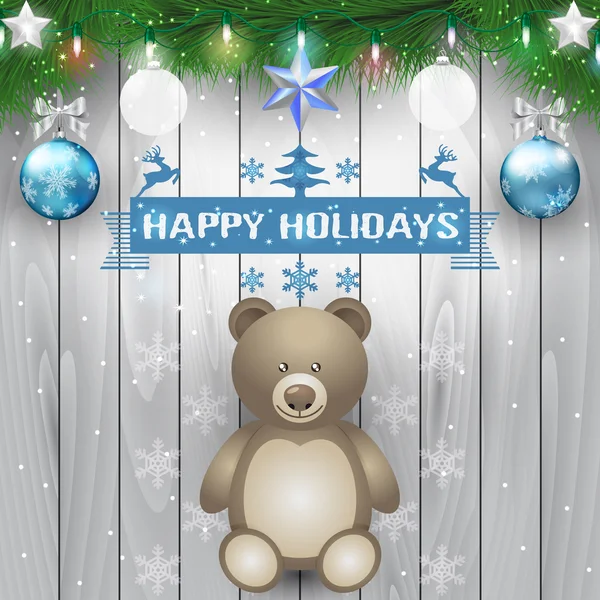 Fir takken, teddy bear en christmas lamp op houten achtergrond — Stockvector