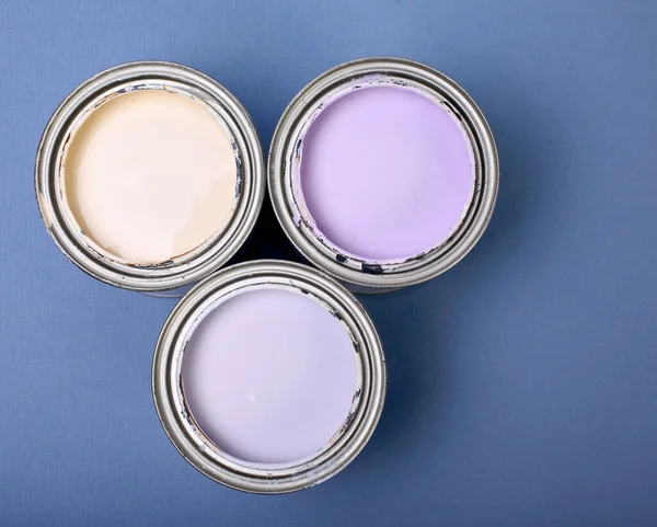 Three Different Color Paint Samples Blue Background — Stock Photo, Image