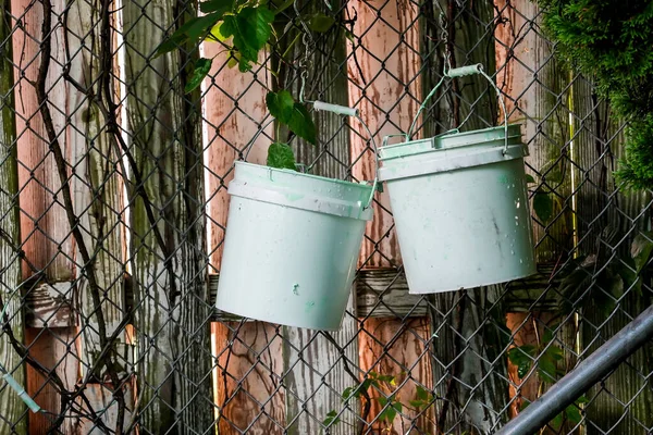 Two White Painters Buckets Outdoor — Stock Photo, Image