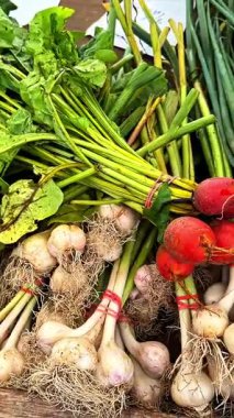 Colorful selection of freshly harvested beets, garlic, and leafy greens displayed at local market. Vibrant produce attracts attention and showcases local farming.