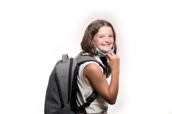 Portrait Teenage Caucasian Girl Smiling Pulling Mask Holding School Backpack — Stock Photo, Image